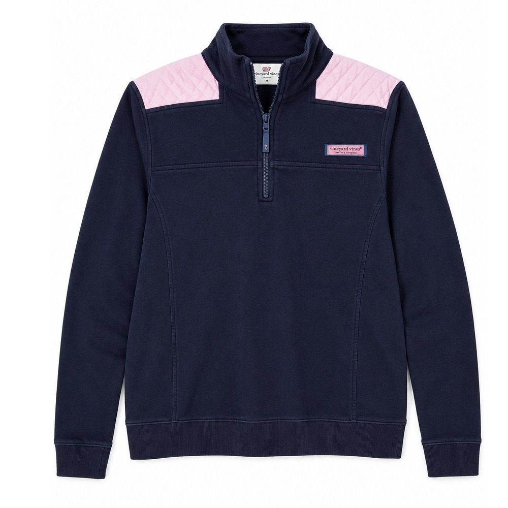 Vineyard Vines Navy Blue Seersucker Quilted Shoulder Quarter Zip Pullover Medium